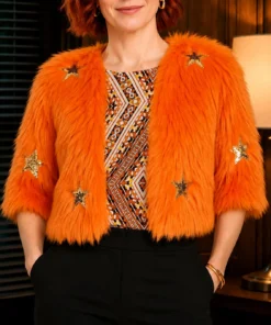 S03 Elsbeth Carrie Preston Orange Faux Fur Jacket