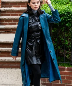 2025 Selena Gomez Blue Leather Coat