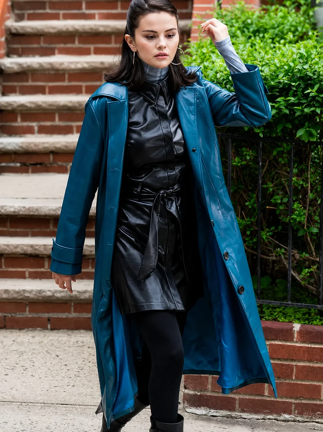 2025 Selena Gomez Blue Leather Coat