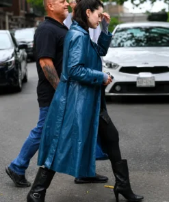 2025 Selena Gomez Blue Leather Coat