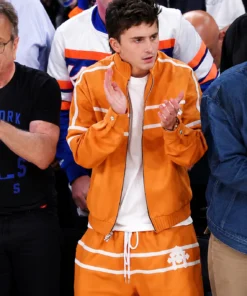 NBA Finals Game 3 Timothée Chalamet Knicks Orange Jacket