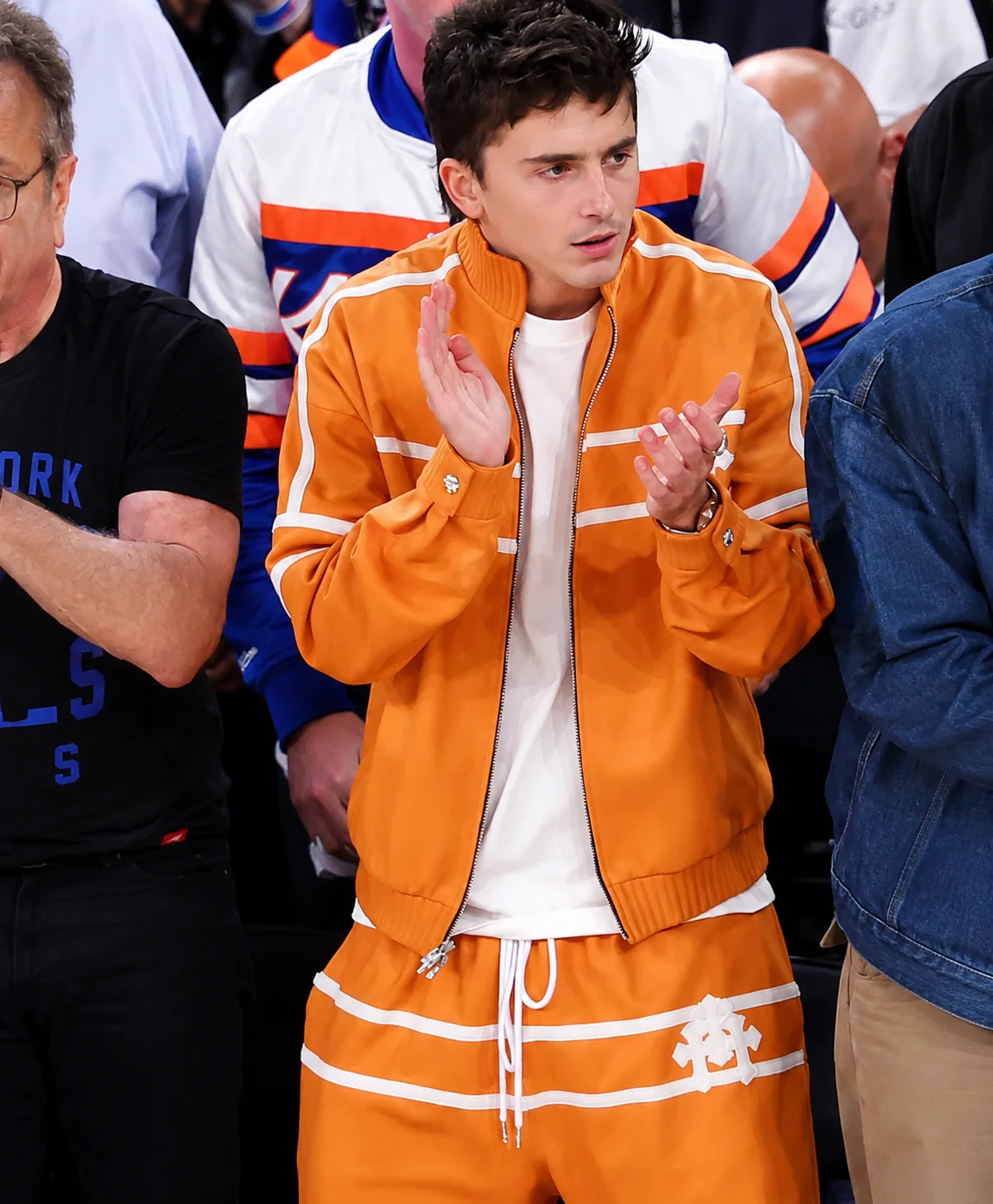 NBA Finals Game 3 Timothée Chalamet Knicks Orange Jacket