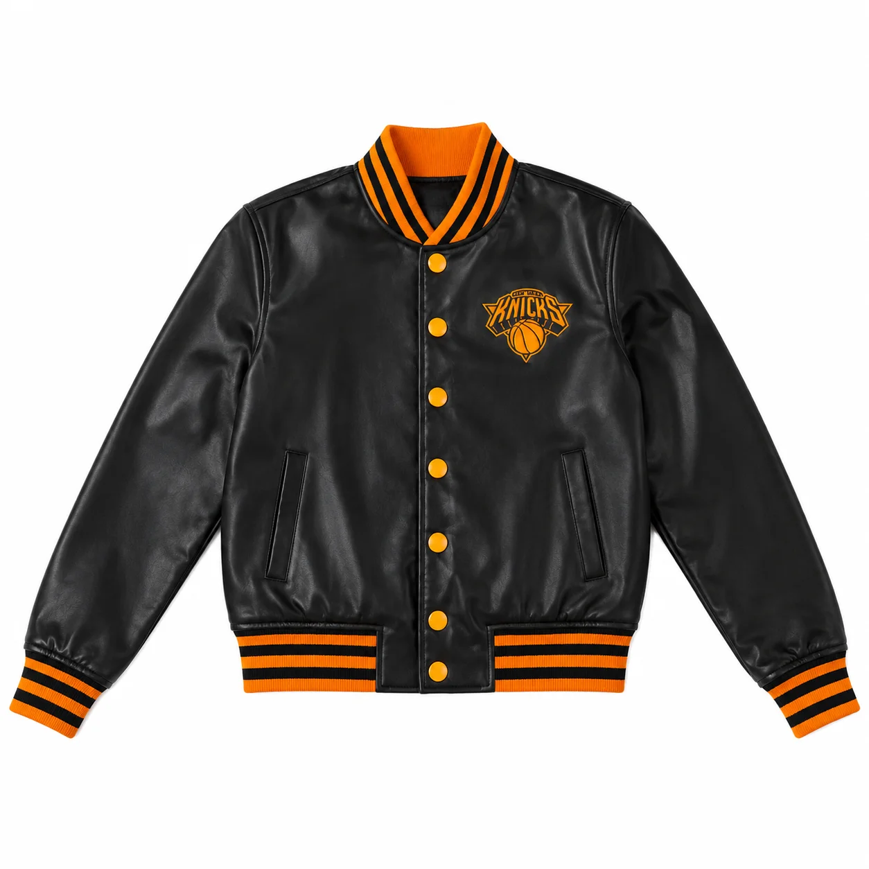 NY Knicks Cropped Leather Varsity Jacket