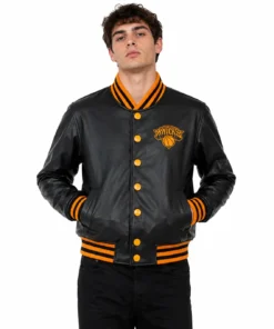 NY Knicks Cropped Leather Varsity Jacket