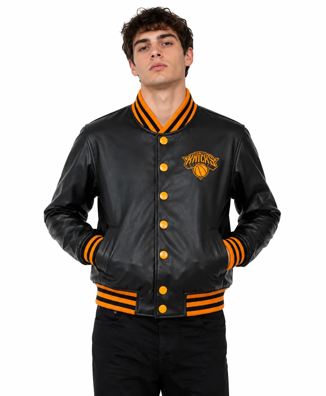 NY Knicks Cropped Leather Varsity Jacket
