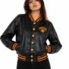 NY Knicks Cropped Leather Varsity Jacket