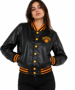 NY Knicks Cropped Leather Varsity Jacket
