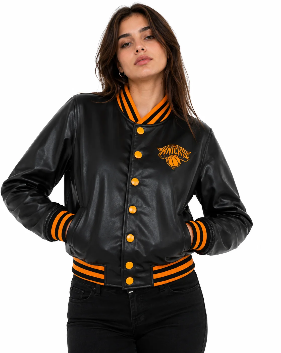 NY Knicks Cropped Leather Varsity Jacket