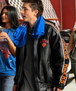 Timothée Chalamet Knicks vs Cavaliers Gameday Leather Jacket
