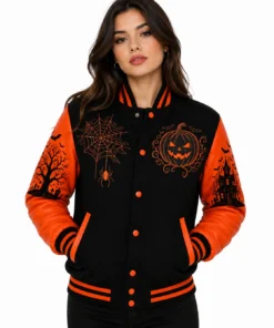 2026 Halloween Horror Jack-o-Lantern Black and Orange Varsity Jacket For Men & Women