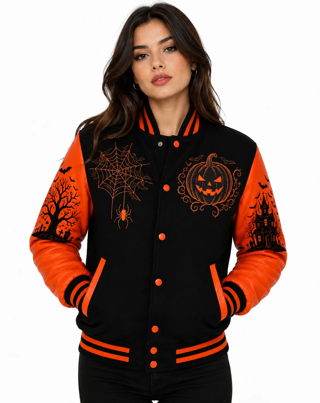 2026 Halloween Horror Jack-o-Lantern Black and Orange Varsity Jacket For Men & Women