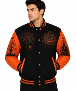 2026 Halloween Horror Jack-o-Lantern Black and Orange Varsity Jacket For Men & Women