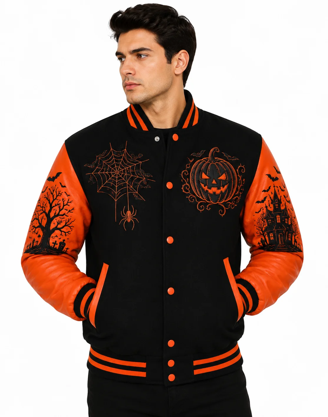 2026 Halloween Horror Jack-o-Lantern Black and Orange Varsity Jacket For Men & Women