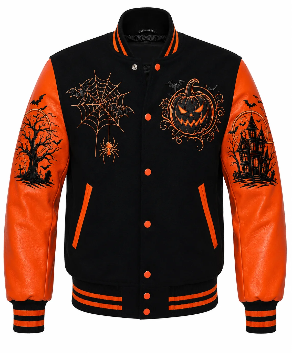 2026 Halloween Horror Jack-o-Lantern Black and Orange Varsity Jacket For Men & Women