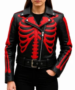 Black Leather Red Skeleton Bones Jacket