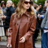 Fashion Week Lily James Brown Leather Jacket