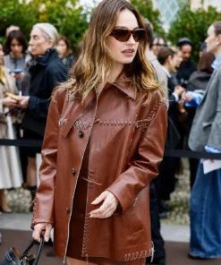 Fashion Week Lily James Brown Leather Jacket