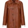 Fashion Week Lily James Brown Leather Jacket