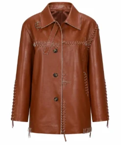 Fashion Week Lily James Brown Leather Jacket