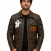 Halloween Patches Distressed Brown Leather Jacket.