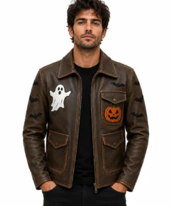 Halloween Patches Distressed Brown Leather Jacket.