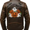 Halloween Patches Distressed Brown Leather Jacket.