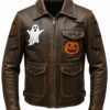 Halloween Patches Distressed Brown Leather Jacket.