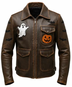 Halloween Patches Distressed Brown Leather Jacket.