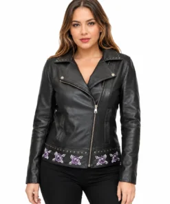 Ladies Biker Jacket with Purple Roses