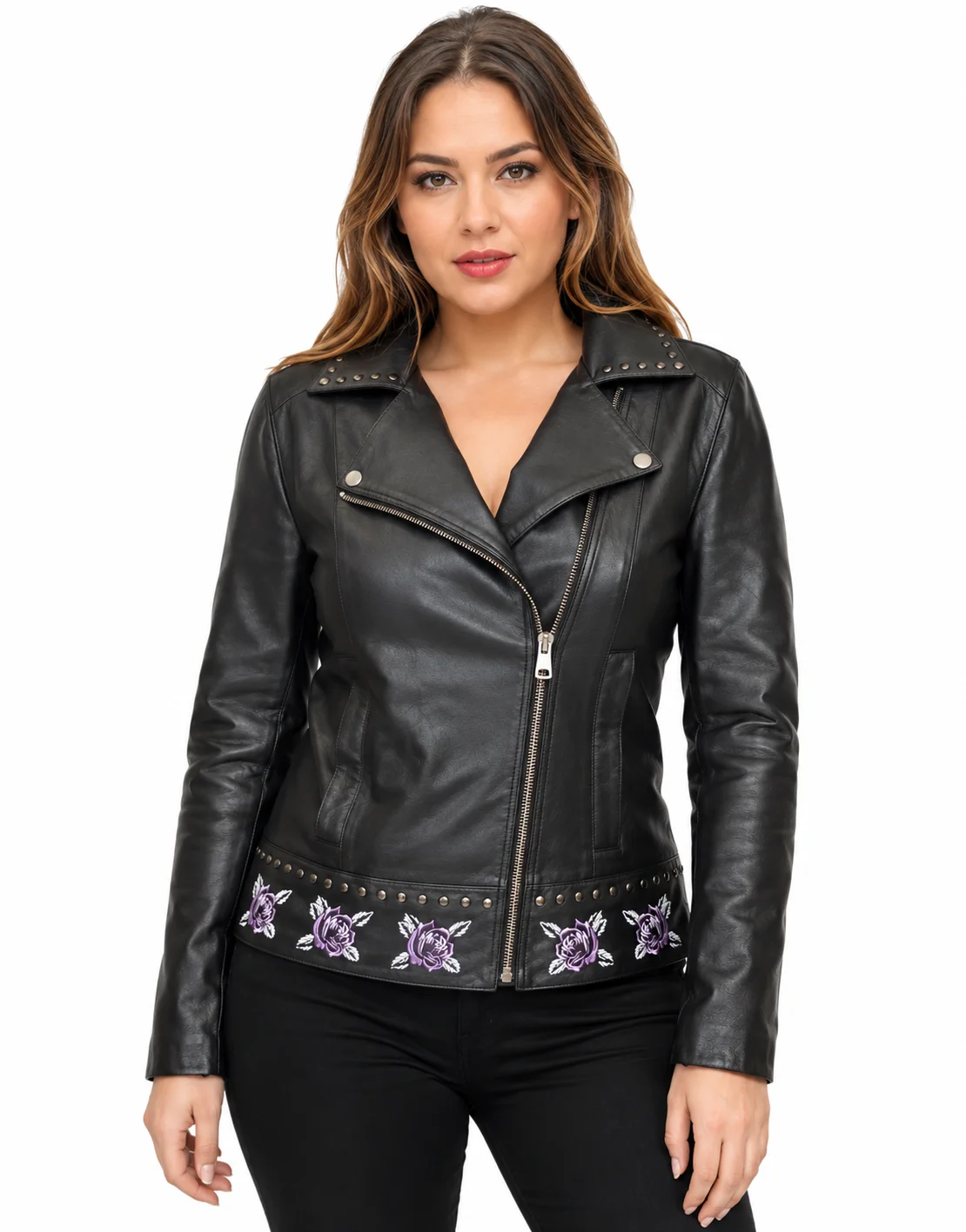 Ladies Biker Jacket with Purple Roses