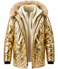 MLDH S19 David Bromstad Metallic Gold Hooded Fur Bomber Jacket