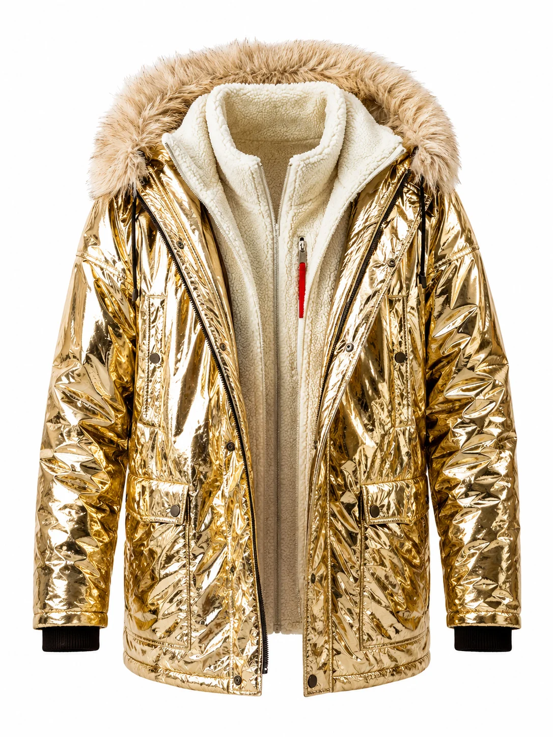 MLDH S19 David Bromstad Metallic Gold Hooded Fur Bomber Jacket