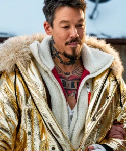 MLDH S19 David Bromstad Metallic Gold Hooded Fur Bomber Jacket
