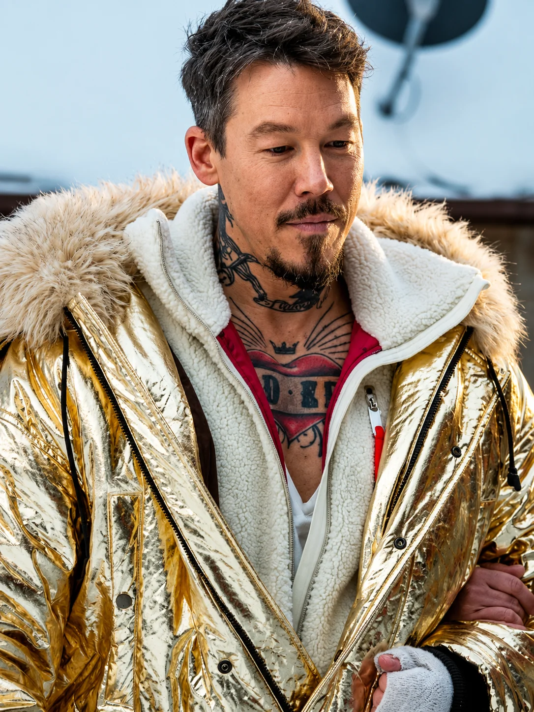 MLDH S19 David Bromstad Metallic Gold Hooded Fur Bomber Jacket