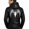 Spider Black Leather Hooded Jacket