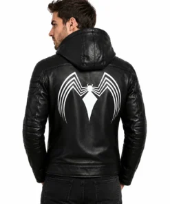 Spider Black Leather Hooded Jacket