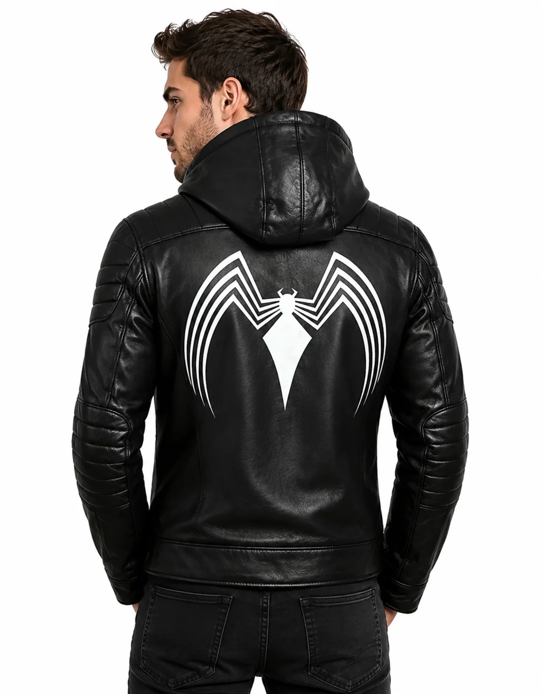 Spider Black Leather Hooded Jacket