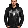 Spider Black Leather Hooded Jacket