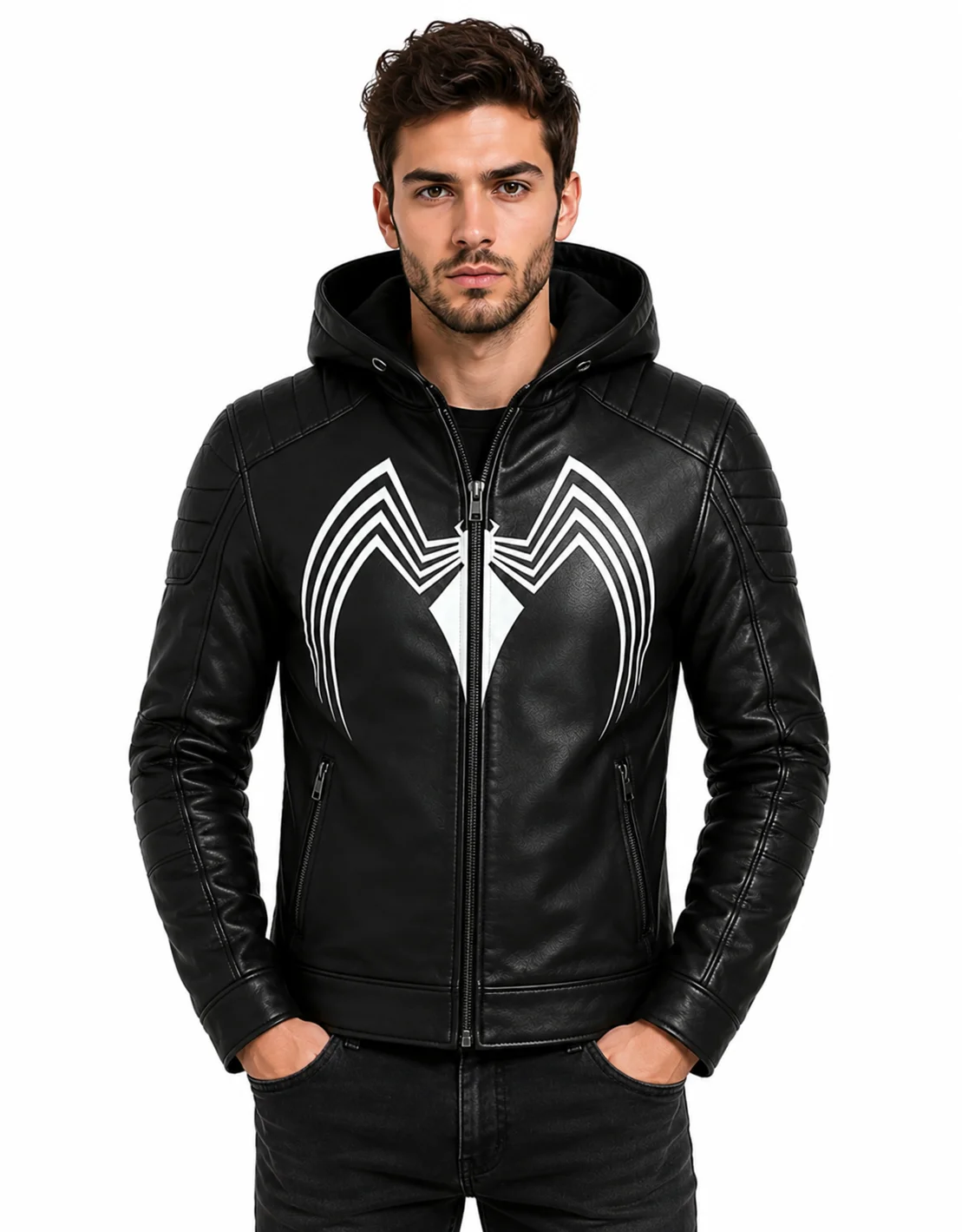 Spider Black Leather Hooded Jacket