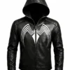 Spider Black Leather Hooded Jacket